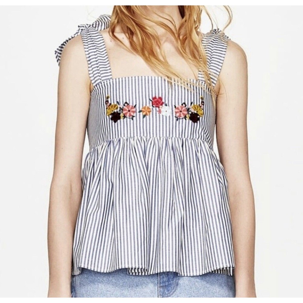 Zara Floral‎ Embroidered Blue Stripe Peplum Tie Shoulder Sleevless Top Women's S